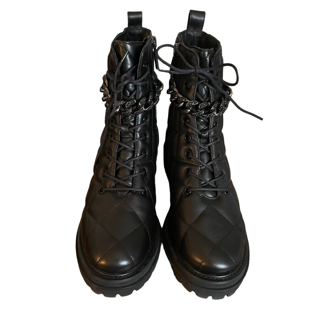 Lola Cruz Combat Moto Boots Sz EU 37 US 7 Black Leather Quilted Rhinestone Chain - Picture 3 of 7